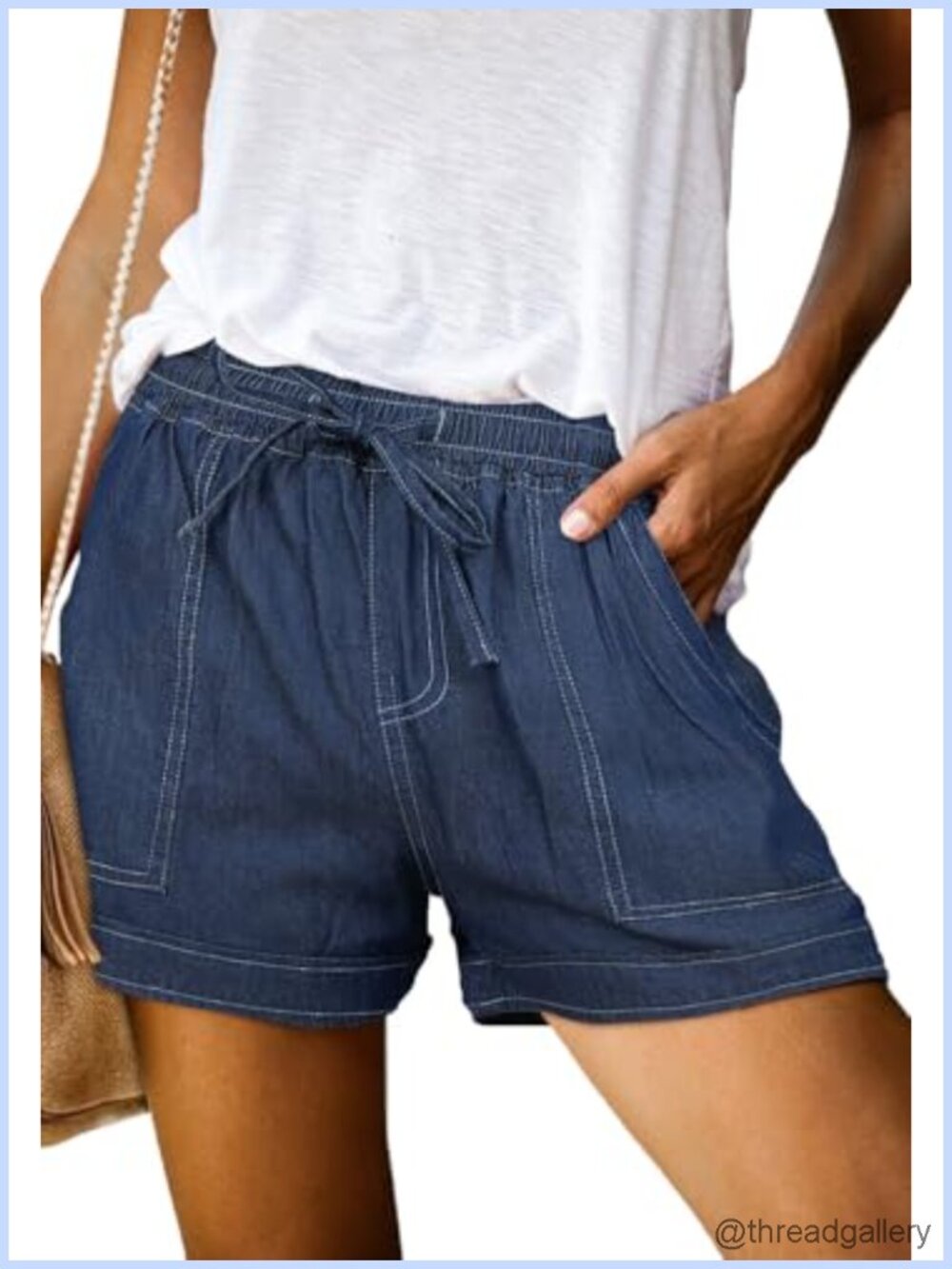Womens Casual Drawstring Shorts Summer Elastic Waist Pocketed Denim Jean Shorts